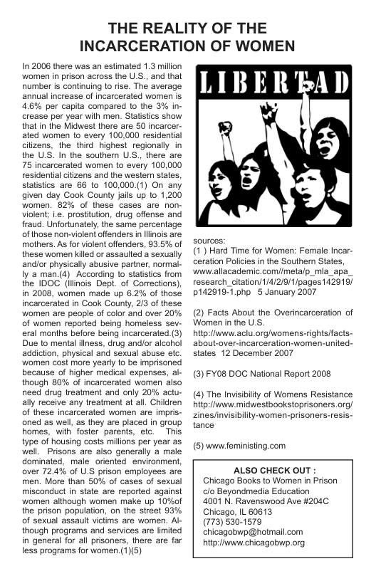 THE REALITY OF THE INCARCERATION OF WOMEN  1n 2006 there was an estimated 1.3 millon ‘wamen in prison across the U-S., and that number is continuing to rise. The average annual increase of incarcerated women s 48% per capita compared (0 the 3% in- crease per year wilh men. Statstics show that in the Midwest there are 50 incarcer- ated women to every 100,000 residential clizens, the third_ highest regionally in the US. In the southem U.S, there are 75 incarcerated women to every 100,000 residenial ciizens and the wester states, statistcs are 66 to 100,000.(1) On any given day Cook Counly jails up to 1,200 women. 82% of these cases are fon- violent; i prostitution, drug oflense and fraud. Unfortunately, the same percentage of those non-violent ffenders i linois are: mothers. As for violent offenders, 83.5% of these women kiled or assaulted a sexually andlor physically abusive partner, normal- Iy 2 man.(4) According to statstics from the IDOC (ilinois Dept. of Corrections). in 2008, women made up 6.2% of those incarcerated in Cook County, 213 of these ‘women are people of color and over 20% of women reported being homeless sev- eral months before being incarcerated.(3) Due to mental finess, drug andior alcohol addition, physical and sexual abuse elc ‘women cost more yeary to be imprisoned because of higher medical expenses, al- though 80% of incarcerated women also need drug treatment and only 20% actu- ally receive any treatment at al. Chidren of these incarcerated women are impris- oned as wel, as they are placed in group homes, with fosterparents, efc. This type of housing costs millons per year as well._Prisons are also generally a male dominated, male_oriented environment, over 72.4% of UsS prison employees are men. More than 50% of cases of sexual misconduct in state are reported against ‘women although women make up 10%of the prison population, on the sireet 93% of sexual assault victims are women. Al though programs and services are limited in general for all prisoners, there are far less programs for women.(1)(5)  (1) Hard Time for Women: Female Incar- ceration Poliies in the Southern States, ‘wwwallacademic.com//metalp_mia_apa. research_citation/1/4/219/1/pages142919] p142919-1 php 5 January 2007  (2) Facts About the Overincarceration of Women in the U.S.  hitp:l/www.aclu.orglwomens-rightsfacts- about-over-incarceration-women-united- states 12 December 2007  (3) FY08 DOC National Report 2008 (4) The Invisibilty of Womens Resistance hitp:/iwww.midwestbookstoprisoners.org! Zines/invisibillty-women-prisoners-resis- tance  (5) www.feministing.com  ALSO CHECK OUT : Chicago Books to Women in Prison clo Beyondmedia Education  4001 N. Ravenswood Ave #204C Chicago, IL 60613  (773) 530-1579 chicagobwp@hotmail.com hitp:/hwww chicagobwp.org  